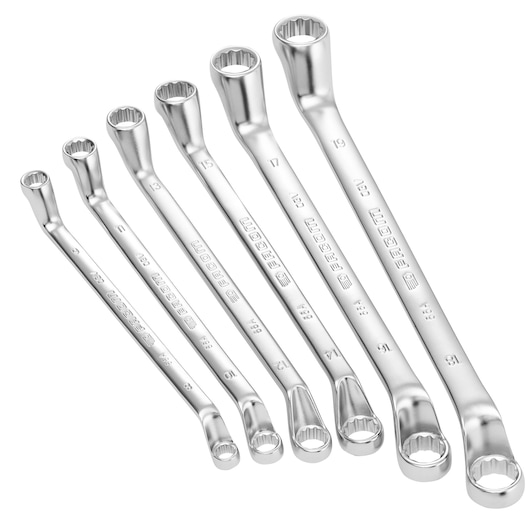 Photo of Facom 55AJN6 combination ring wrench set, six silver wrenches arranged on white background.