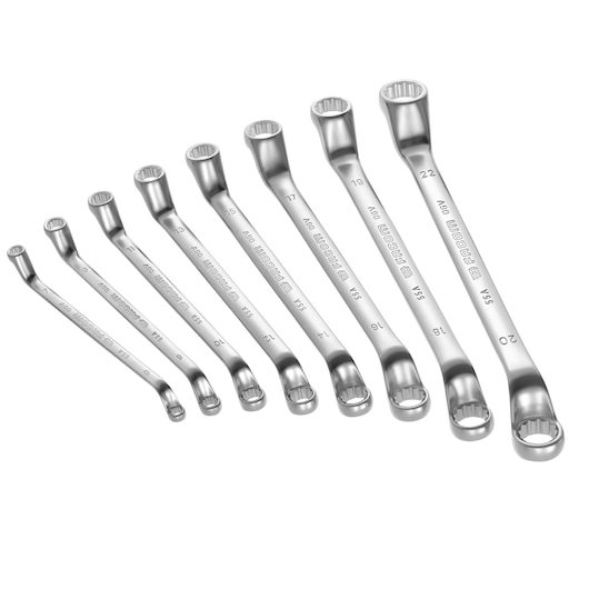 Facom 55AJU10 set of nine offset ring spanners in different sizes, chrome finish, side angle on white background.