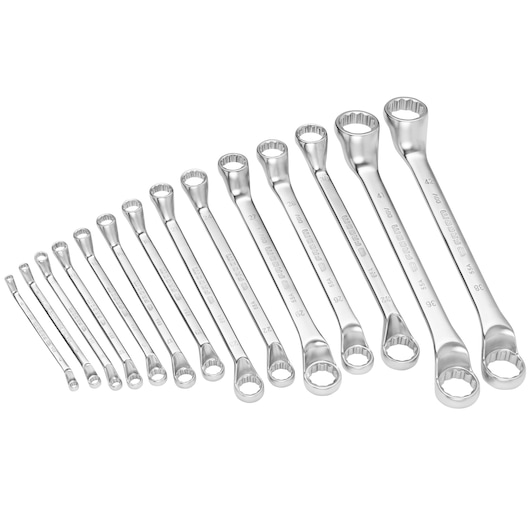 Double offset-ring wrench set, 14 pieces (6 to 42 mm)