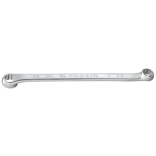 Facom box end wrench 56L_9_16X5_8, silver, two different size ends, side view, on white background.