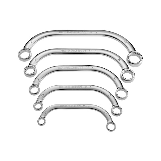 Facom 57JE5 double box-end curved wrench set, five chrome wrenches, top view on white background.