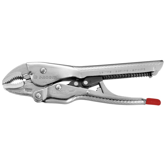 Facom 58010 locking pliers with curved jaws, silver finish, side view, red grip tip, white background.