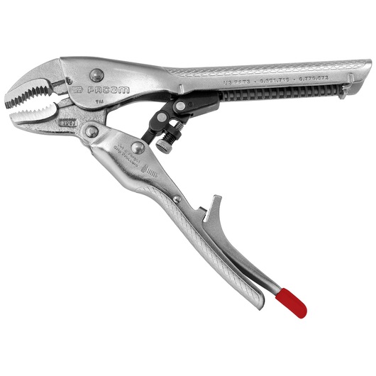 Facom 58010 locking pliers with curved jaws and red handle tip, side view on white background.