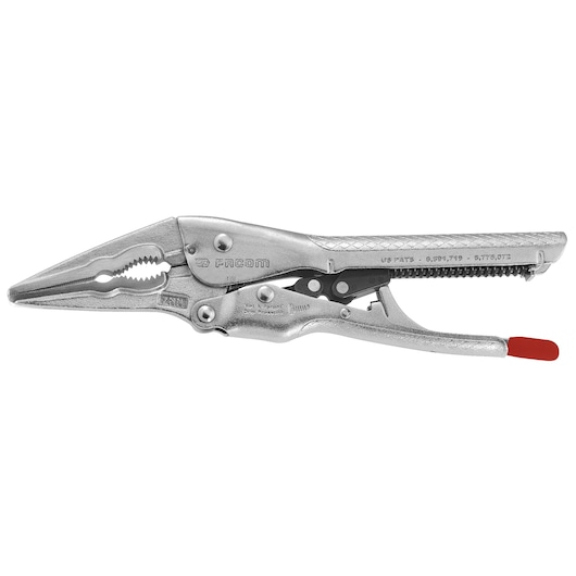 Facom 582_7 locking pliers with long narrow jaws, silver metal finish and red-tipped handle, side view on white.