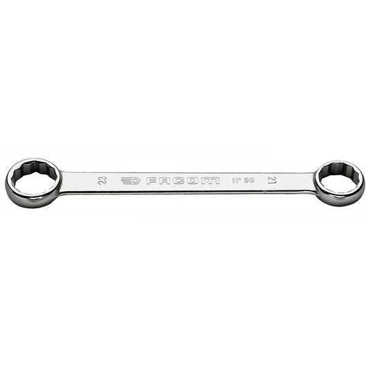 Photo of Facom 59_22X24 chrome finish double box-end wrench, straight handle, white background, photography.