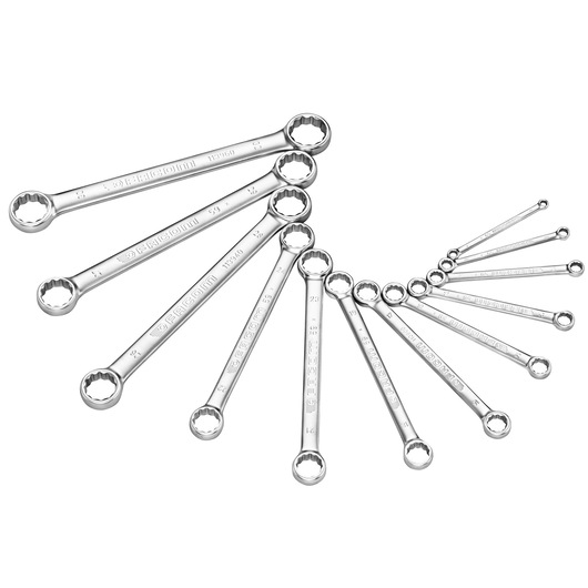 Facom 59JE12 box-end wrench set photography, silver tools arranged in fan shape, white background.