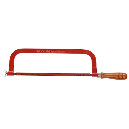 Photo of Facom 599 red metal hacksaw with wooden handle, side angle on white background.
