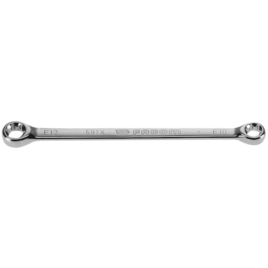Facom 59TX_10X12 double ended chrome box wrench, E10 and E12 sizes, top view on white background.