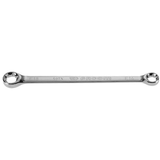 Facom 59TX_14X18 double-ended chrome wrench, photography, top view on white background.