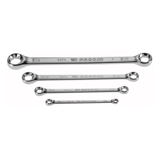 Photo of Facom 59TXJ4 set of four chrome double ended star wrenches, top view on white background.