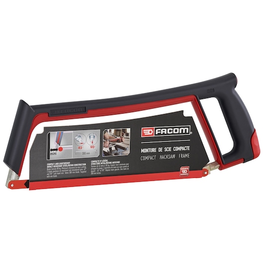 Facom 601PB compact hacksaw frame, black and red, side angle, with product label visible.