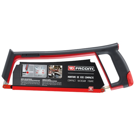 Photo of Facom 601PB compact hacksaw frame, black and red, lateral view on white background.
