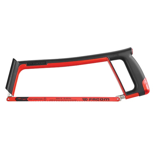 Photo of Facom 601 red and black hacksaw, side view on white background, ergonomic grip handle.