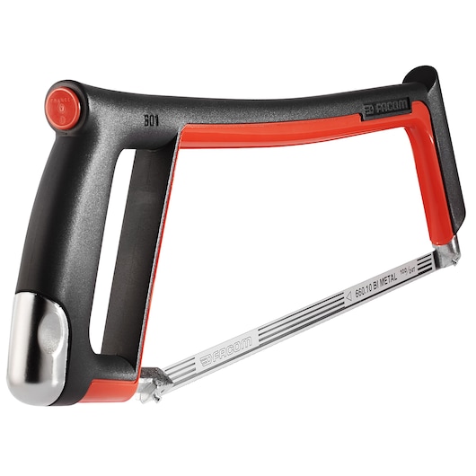 Facom 601 metal hacksaw with ergonomic black and red handle, side view on white background.