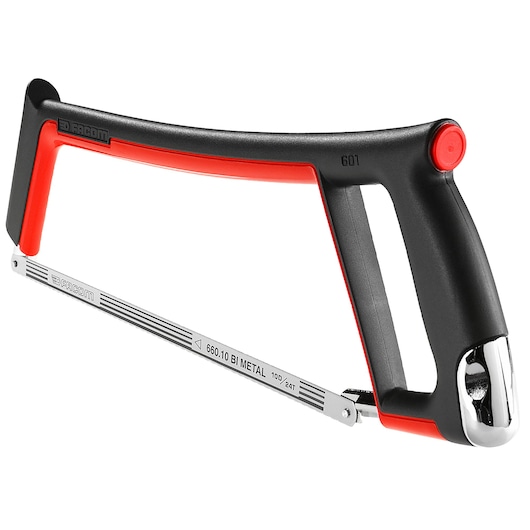 Facom 601 black and red hacksaw with ergonomic handle, metal blade, side angle on white background.