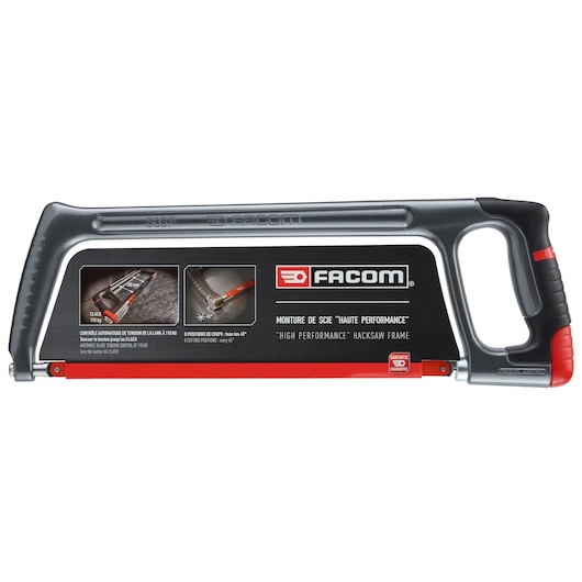 Facom 603FPB high performance hacksaw frame with ergonomic handle, black and red, side view on white background.