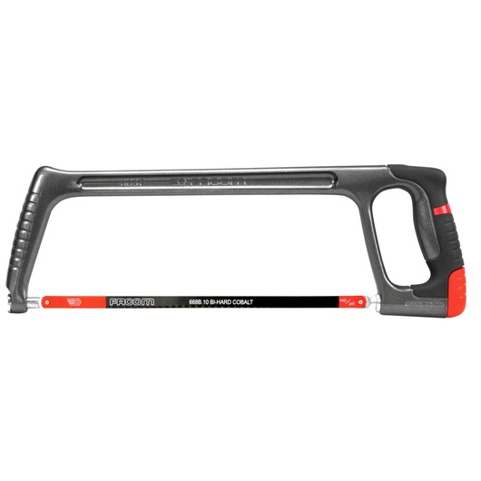 Facom 603F hacksaw with black and red handle, side angle on white background.