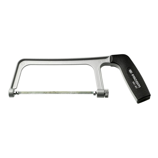 Facom 607MT metal hacksaw with black handle, silver frame, blade visible, side view on white background.