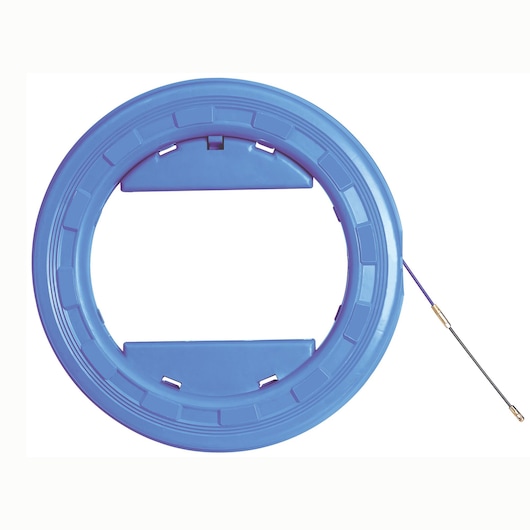 Facom 629853 blue cable puller reel, round plastic housing with handle and exposed flexible steel lead, front view.