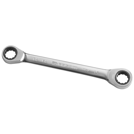 Facom 64_14X15 double-ended ratcheting ring wrench, silver finish, photographed on white background.