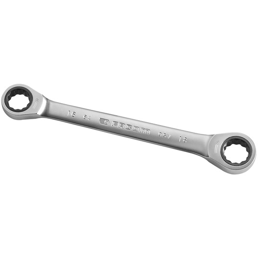Facom 64_16X18 ratcheting box end wrench, silver finish, dual size ends, top view, white background.
