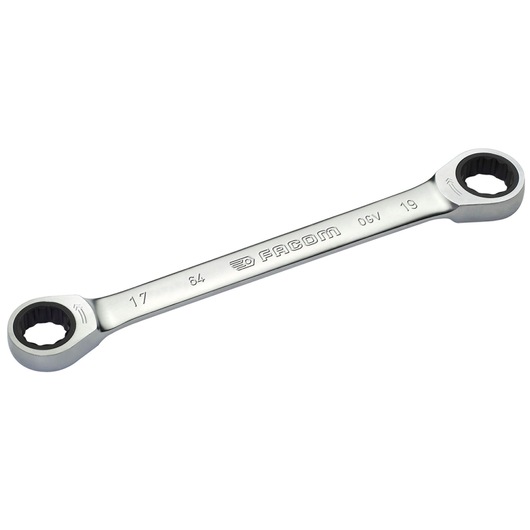 Facom double ratcheting ring spanner 17x19mm, SKU 64_17X19, top angle on white background.