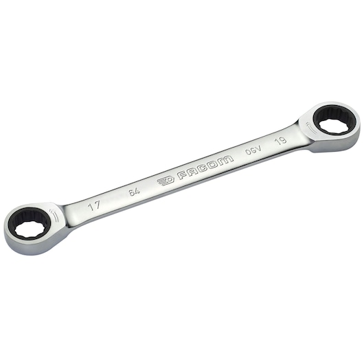 Facom 64_21X23 ratcheting box-end wrench, silver finish, straight handle, top view on white background.