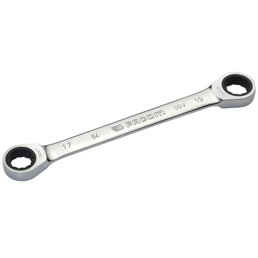 Facom 64_22X24 double box-end wrench with chrome finish, angled heads, top view on white background.