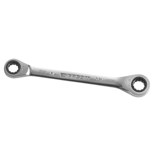 Facom double box-end ratcheting wrench, silver finish, SKU 64_5_16X11_32, top view, photography.