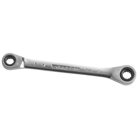 Facom 64_6X7 ratcheting box wrench, chrome finish, photography of tool on white background.