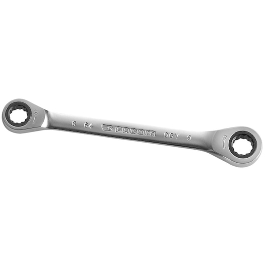 Facom 64_8X9 ratcheting ring wrench, silver, photography, side angle.