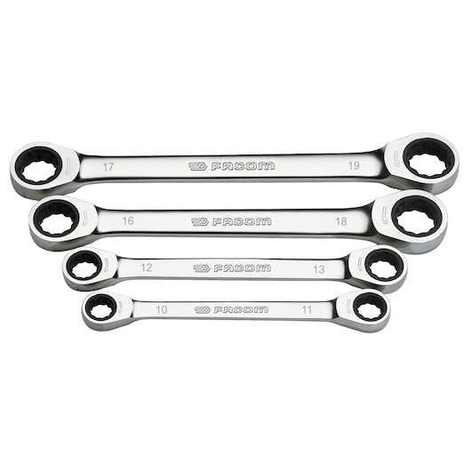 Facom 64J4 ratcheting box end wrench set, silver, four sizes, top view, white background