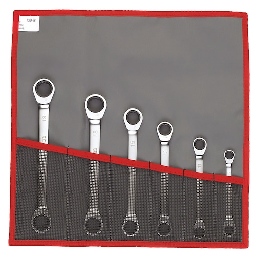 Facom 64JE6T ratcheting combination spanner set with six wrenches in a gray and red fabric pouch, front angle.