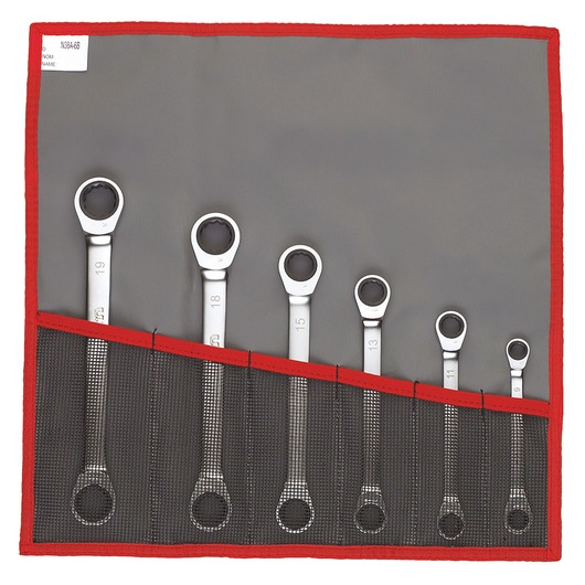 Facom ratcheting wrench set 64_JU6T in grey pouch with red trim, front angle, six wrenches visible.