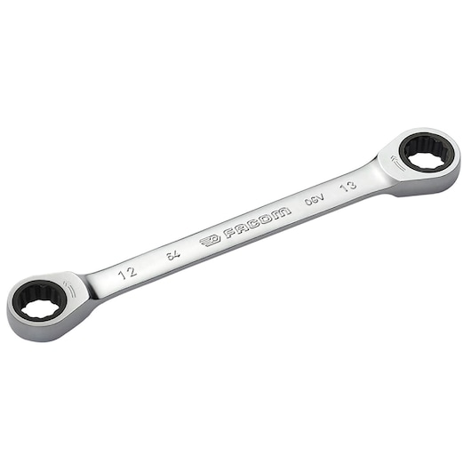 Straight double box-end ratchet wrench, 12 x 13 mm