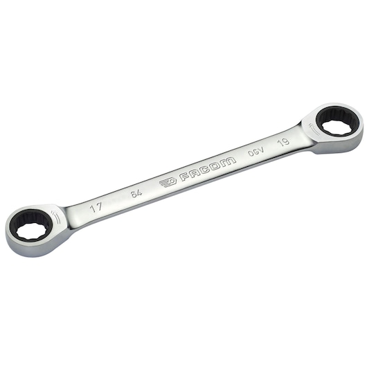 Straight double box-end ratchet wrench, 17 x 19 mm