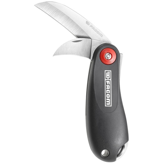 Facom folding knife 640180PB with black handle, two stainless steel blades open, studio angle on white.