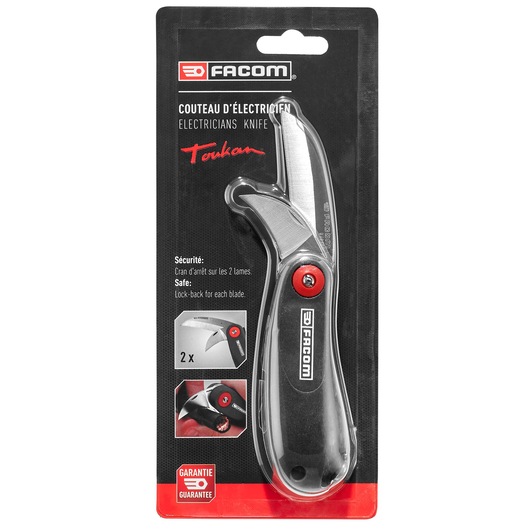 Photo of Facom 640180PB electrician's knife in black and silver, packaged in blister pack, front angle.
