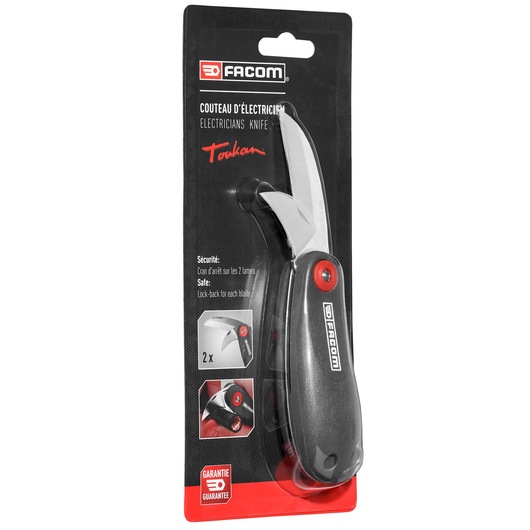 Facom 640180PB electrician's knife in black and red retail packaging, front angle view.