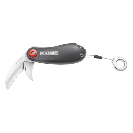 Facom folding safety knife with black handle and lanyard, side view, SKU 640180SLS.