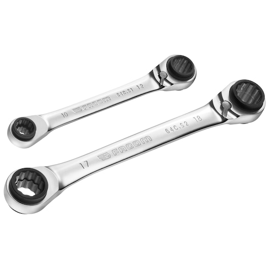 Photo of Facom 64C_J2PB double ratcheting wrenches with chrome finish, showing two sizes on a white background.
