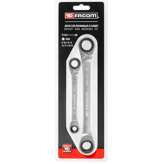 Photo of Facom 64C_J2PB ratchet ring wrench set, two silver wrenches in retail packaging, front angle.