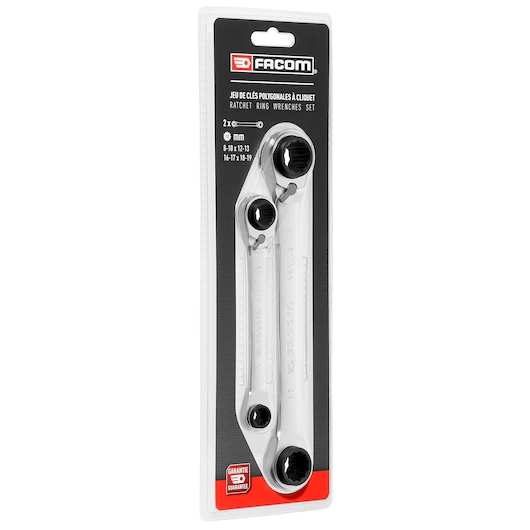 Photo of Facom 64C_J2PB ratchet ring wrenches set, two silver wrenches in retail packaging, angled view.