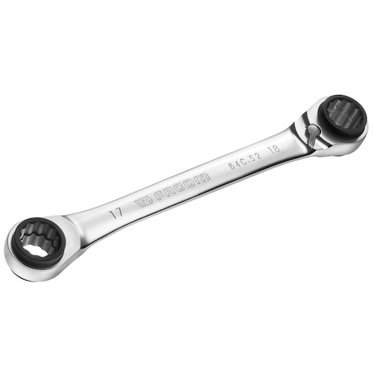 Facom 64C_S2 double-ended ratcheting wrench, silver, angled view, photography on white background.