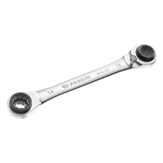 Facom 64C_S3 double box ratcheting wrench, chrome finish, top angle, 13 mm and 14 mm sizes.