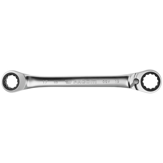 Facom 65_17X19 combination ring spanner, chrome finish, top view, two different head sizes.