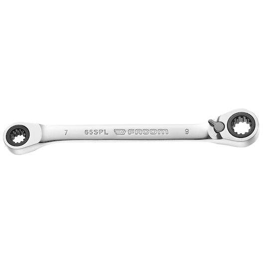 Facom 65_7X9SPL ratcheting double box-end wrench, silver metal, top angle on white background.