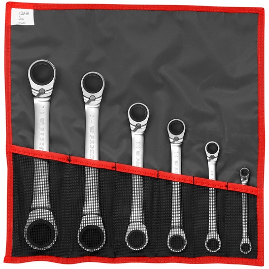 Facom 65JU6T ratcheting combination wrench set in black pouch with red trim, six wrenches organized by size, top view.