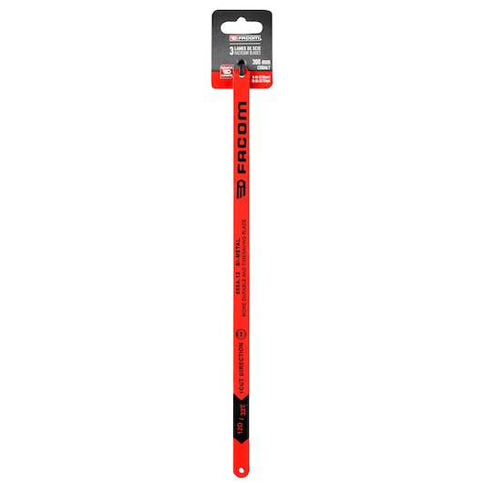 Facom 666.JE3PB red and black bi-metal hacksaw blade pack, 300mm, front view on white background.