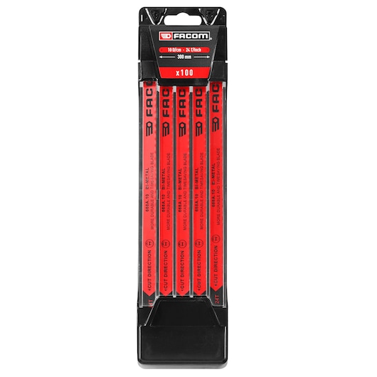 Facom 668A.10PB bi-metal hacksaw blades pack, 300 mm, set of 100, red blades in black plastic holder, front view.